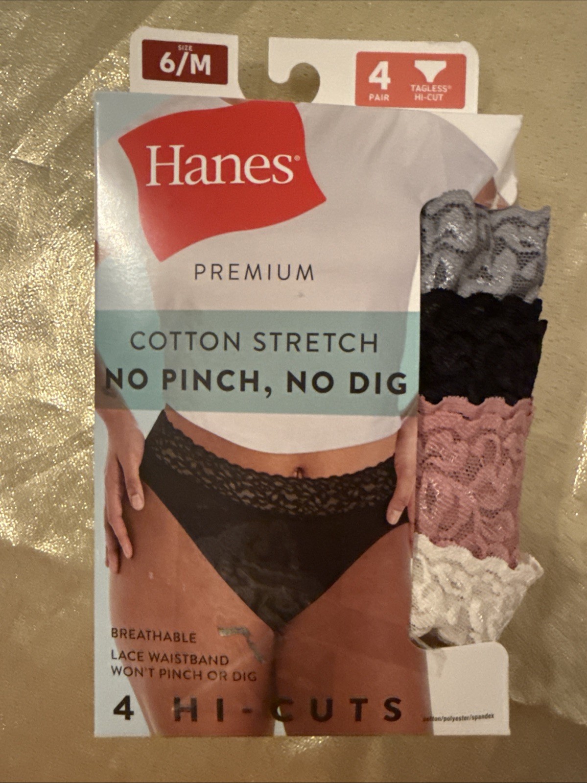 NWT Hanes Premium 4 Pair Cotton Stretch No Pinch No Dig Lacy Hi-Cuts Size 6/M