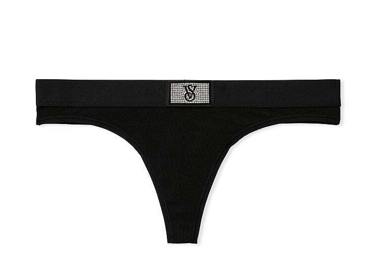 Victoria’s Secret Sexy Shine Patch Band Thong Blk Pantie Elegant Bling Logo NWT