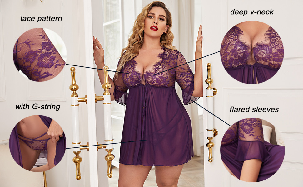 Plus Size Women Sexy Babydoll Lingerie Deep V Floral Lace Chemise Sleepwear US