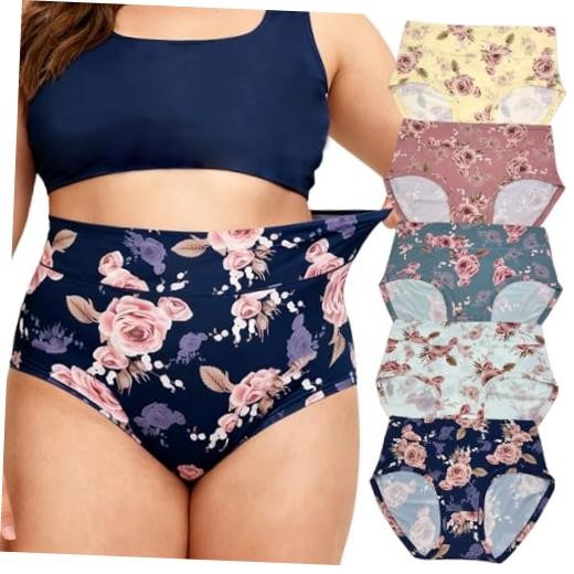 Women’s Plus Size XL-5XL Underwear High Waist Briefs Panties Rose XX-Large 5pcs
