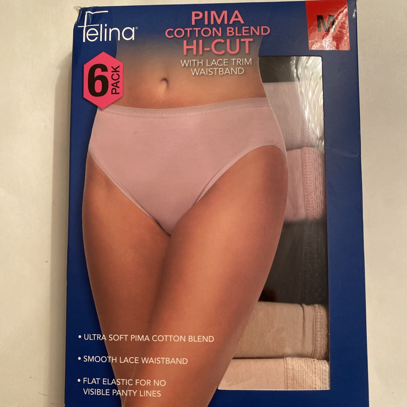 Felina Pima Cotton Blend Hi-Cut Panties Lace Trim 6 Pack Womens Med Or Large NIP