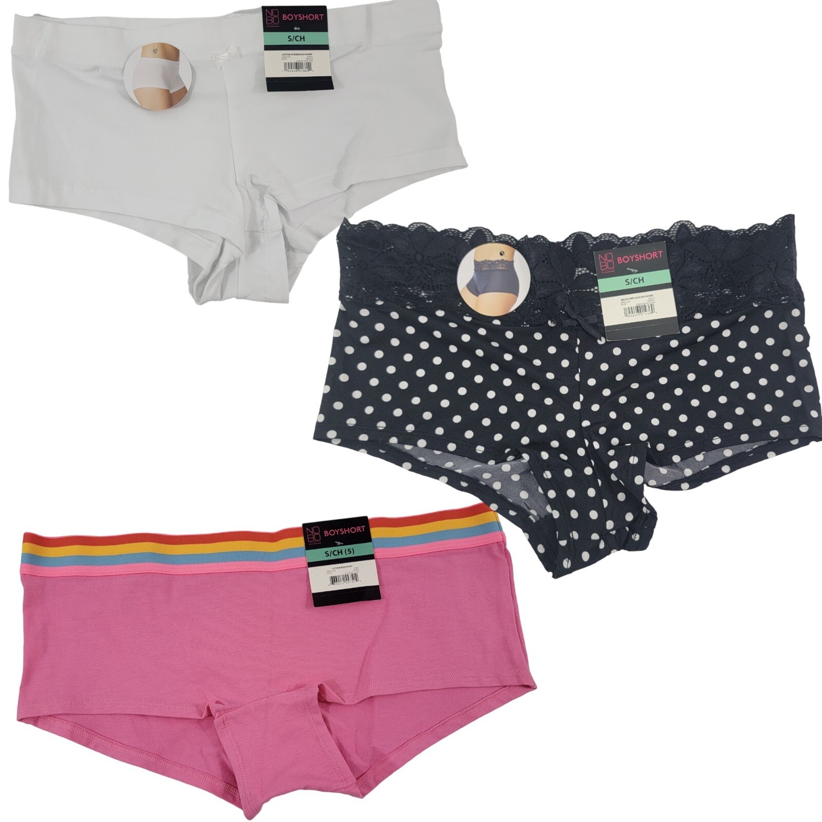 No Boundaries Cotton & Lace Boyshorts 3 Pack NOBO Panties Size Small – NWT