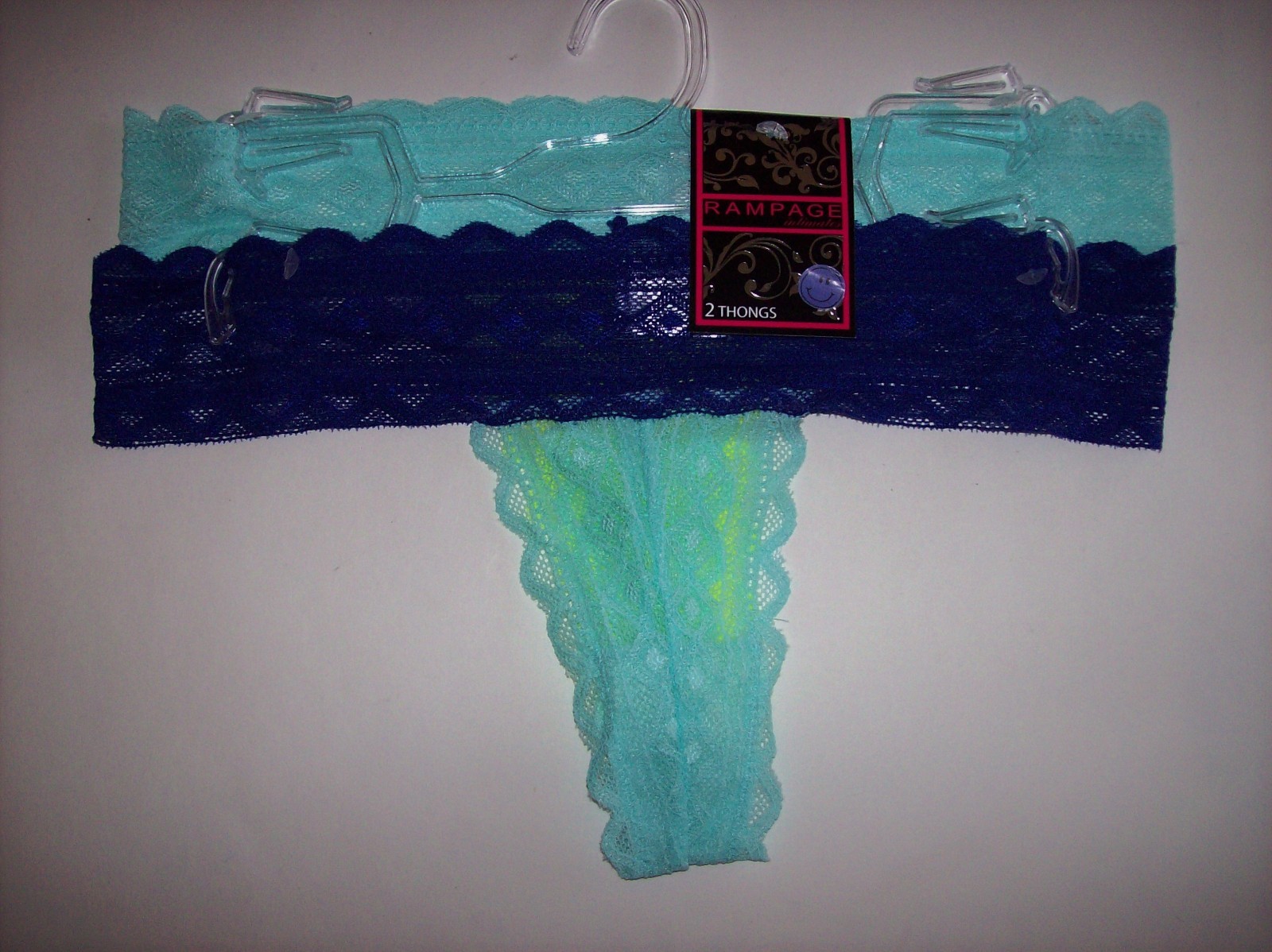 Rampage Thong 2 Lingerie Panty Intimates Womens Lace on Lace Blues Yellow New