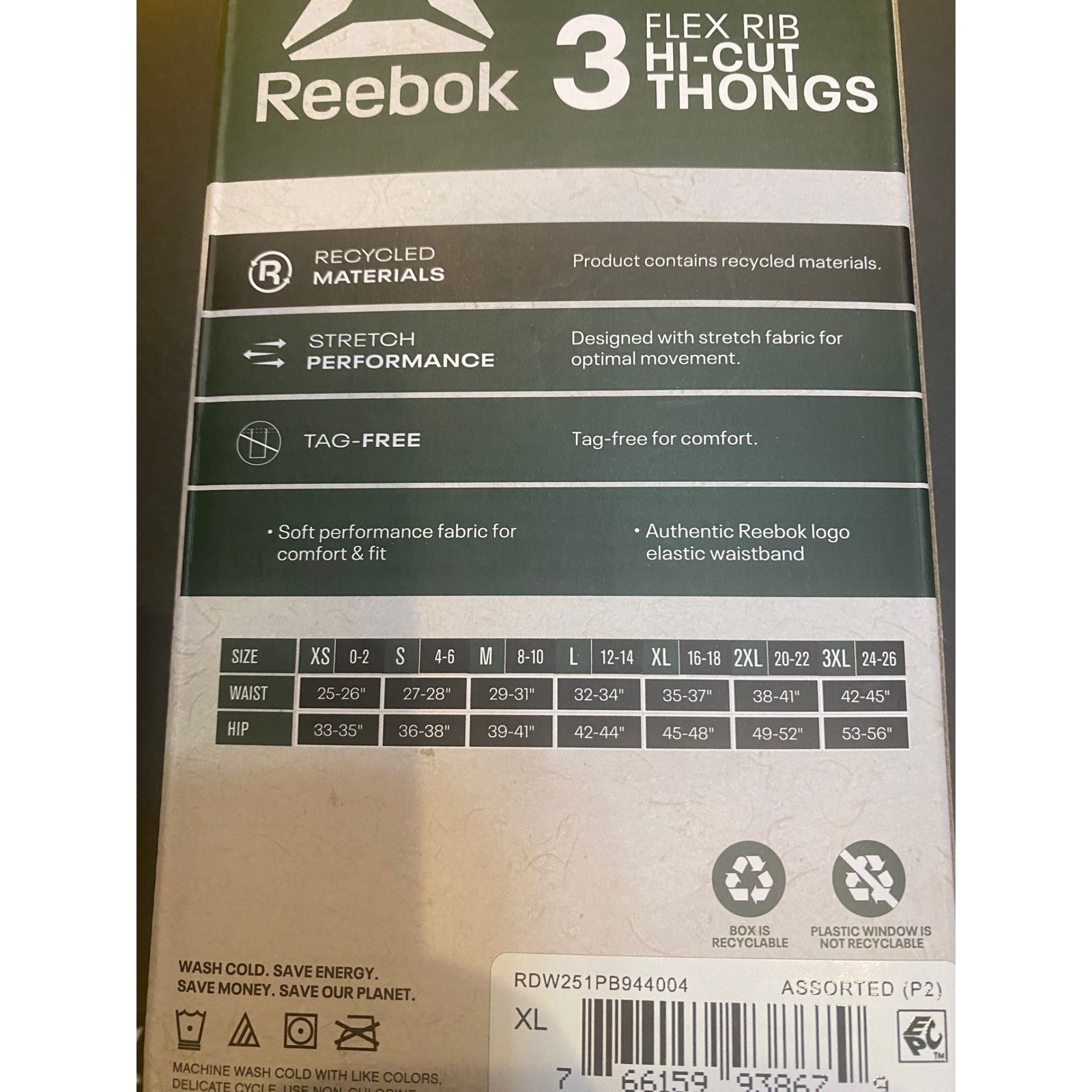 Reebok Flex Rib Hi-Cut Thongs 3-Pack 2XL Assorted Colors Stretch Performance NIB