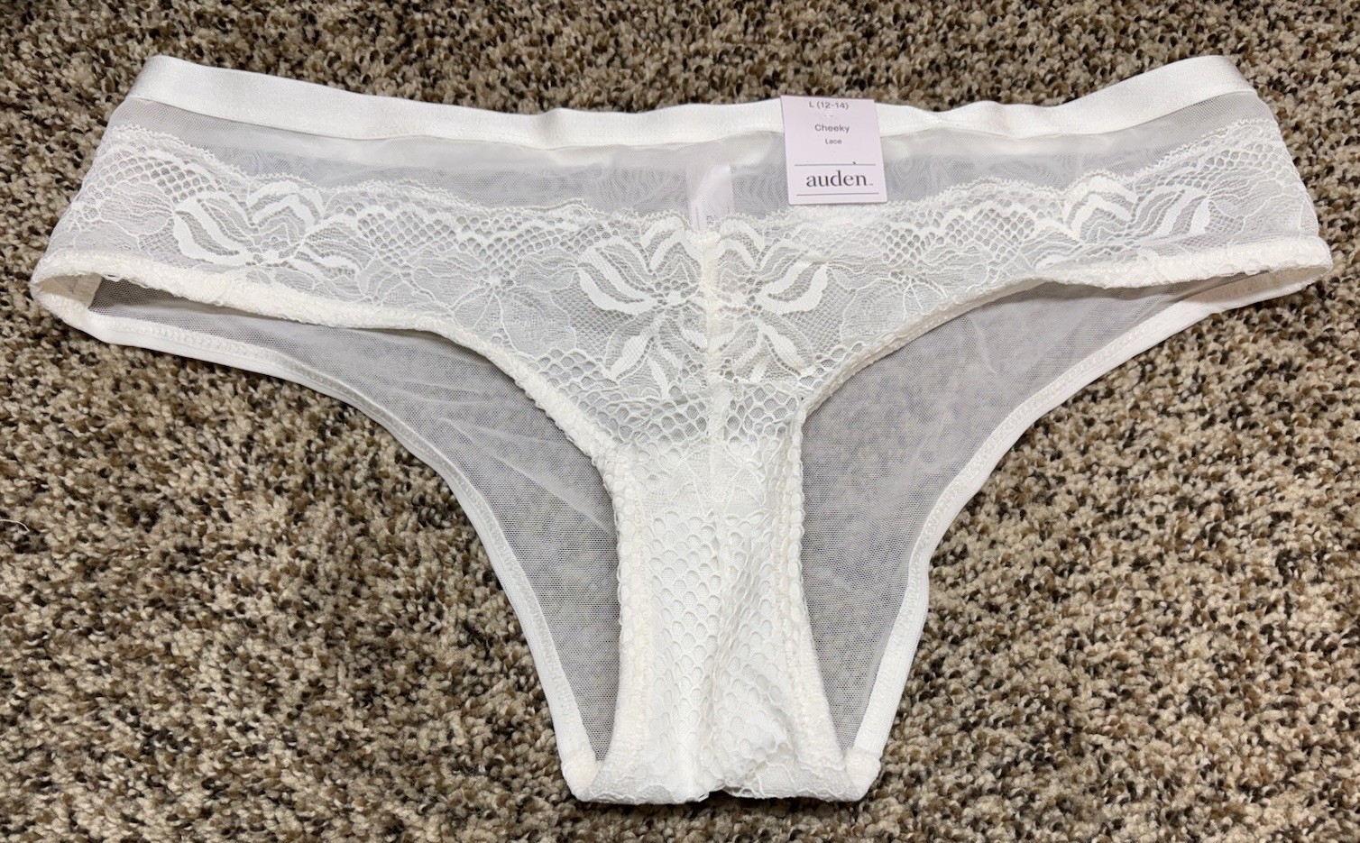 Auden Sheer Off White Lace Cheeky Panty. Size: L (12-14).
