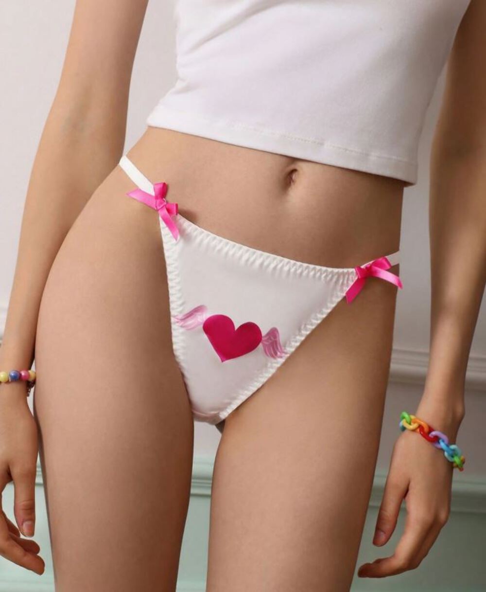 Angel Heart satin Panties Women Bow Side silky knickers White Pink size L 12-14