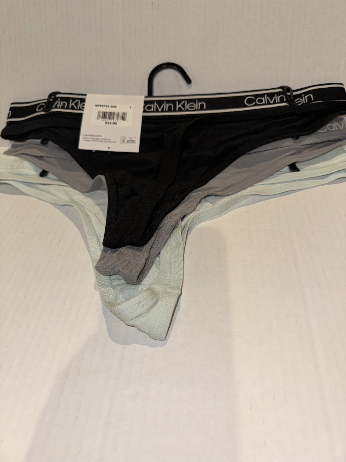 Calvin Klein SET of 3 Black Gray & Blue Thong Panties NEW L