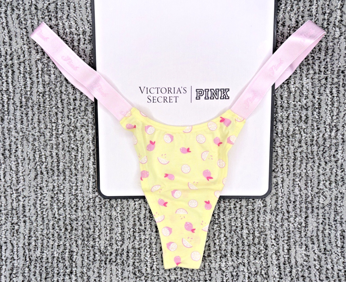 Victoria’s Secret PINK NWT XL Yellow Micro Thong Panty Fruit Spellout Sexy