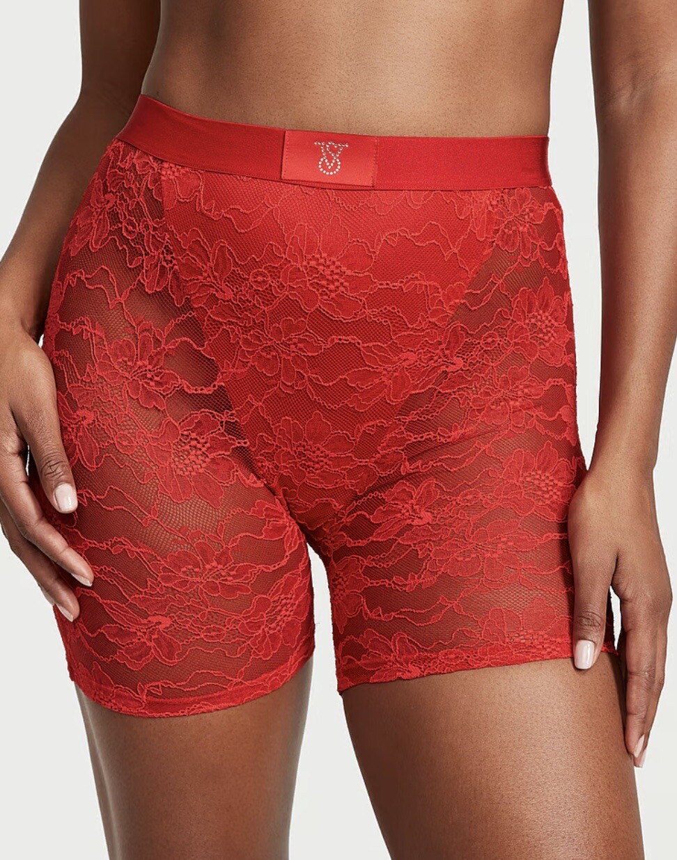 NWT Victoria’s Secret Monogram Shine Patch Lace Boxer Brief Lipstick Red