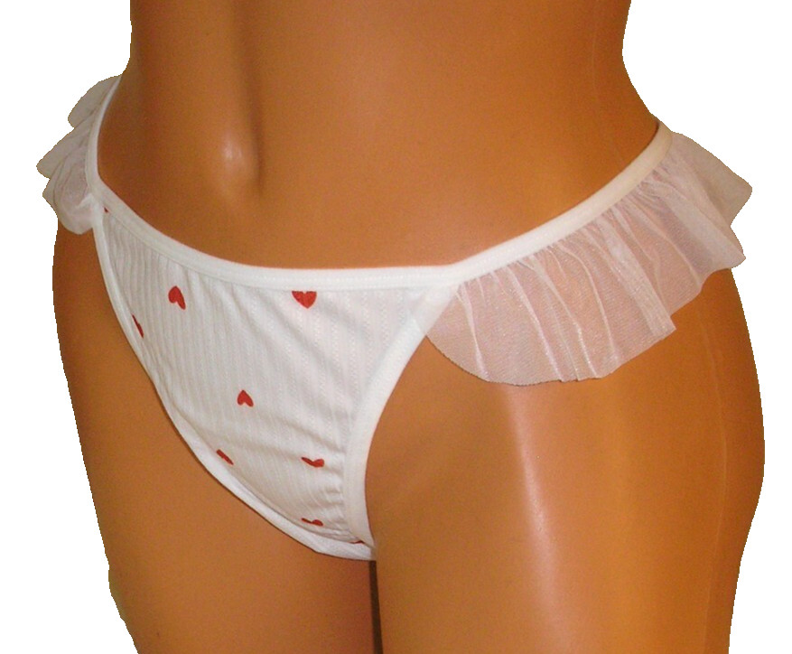 Heart Print Ruffled Sides Keyhole Back White Bikini Panties Lingerie, XL