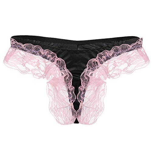 Sexy Men’s Floral Lace Underwear Shiny Satin Sissy Pouch One Size Black + Pink