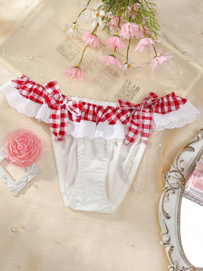 Women’s Knickers White Red Plaid Skirted Country Cute Ruffle Bikini Panty