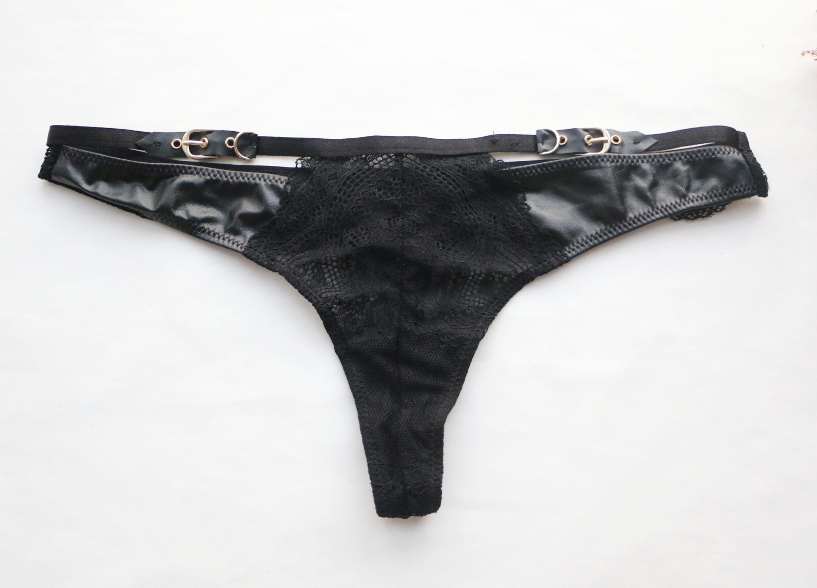 Women Sexy Thong Mesh&leather&metal Underwear Hipster G-string Panties Black XS