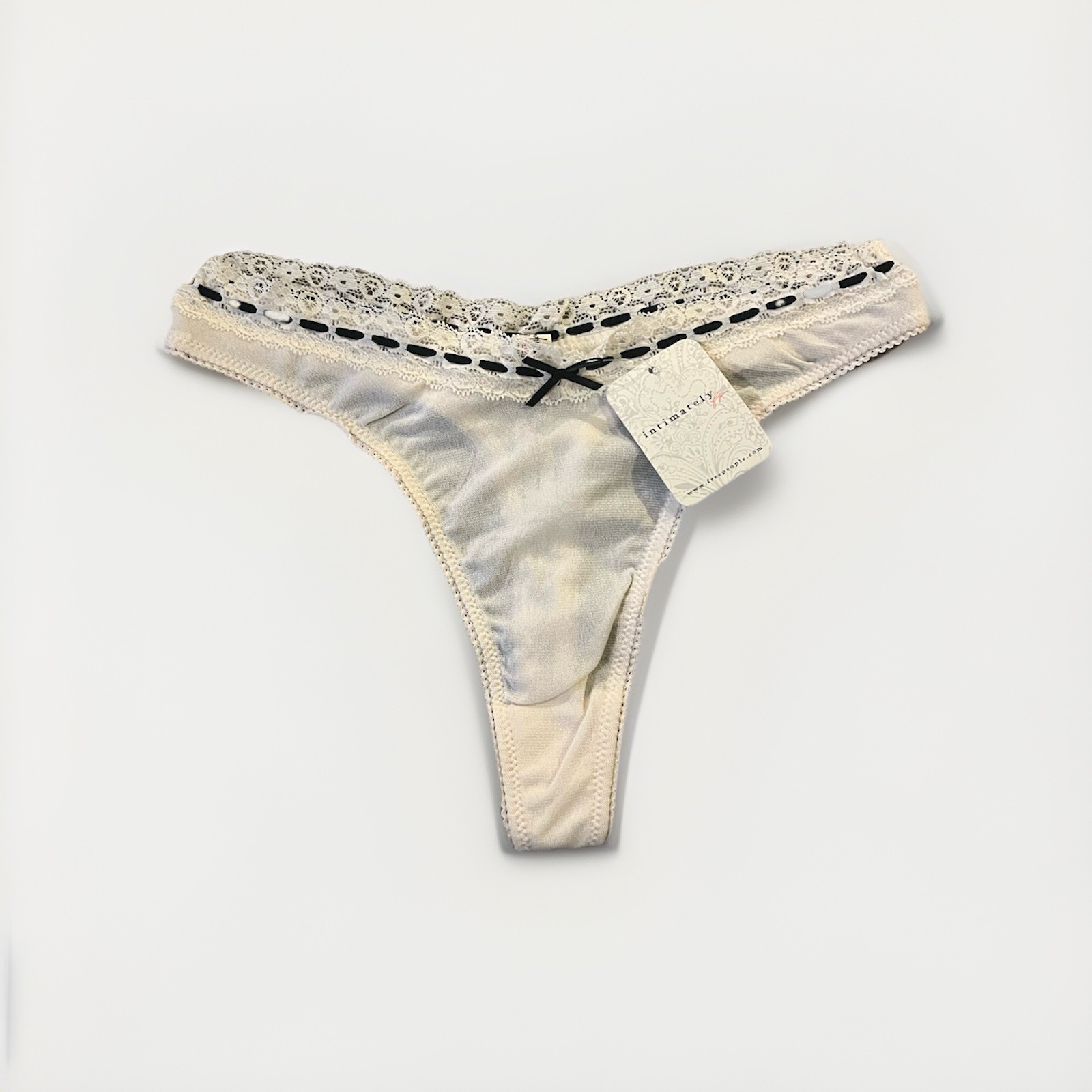 Free People So Sweet Thong Panties, Ivory Lace Bow, Size XS, 1 Pack