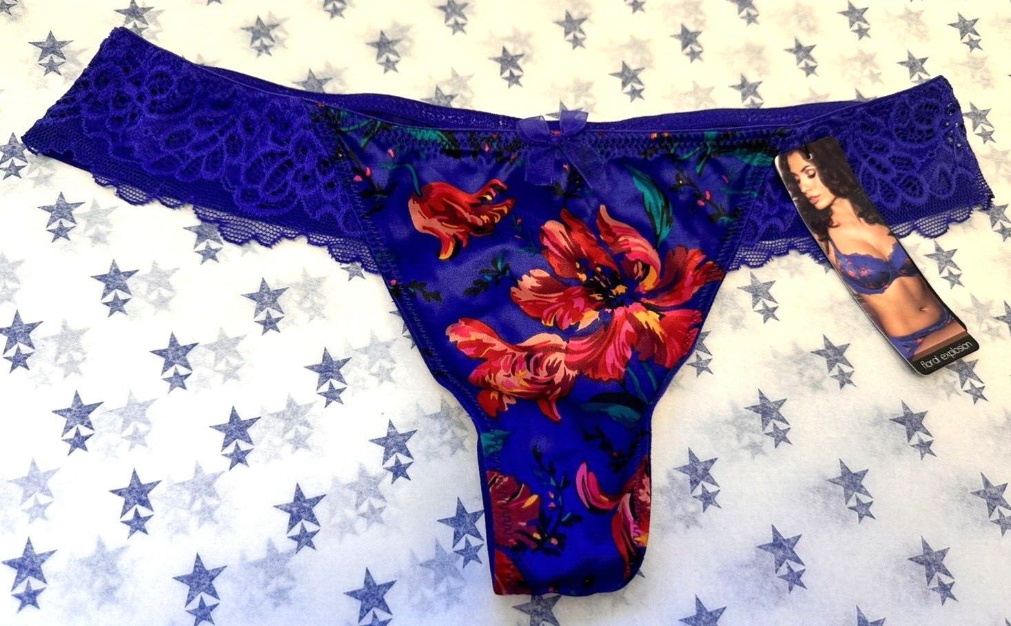 NEW! Gossard XS UK8-10 sapphire blue ‘Floral Explosion’ satin thong knickers