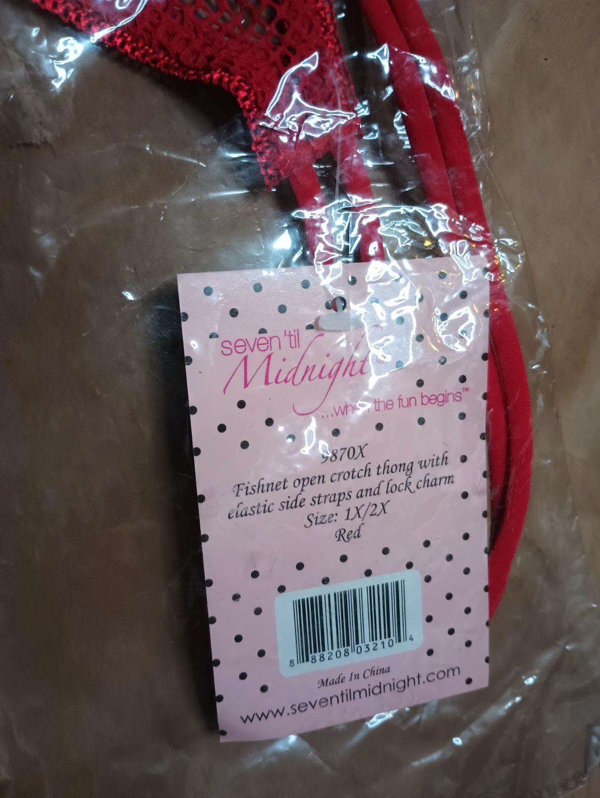 NWT Seven ’til Midnight Strappy Fishnet Open Crotch Thong Red Lock Charm 1X/2X