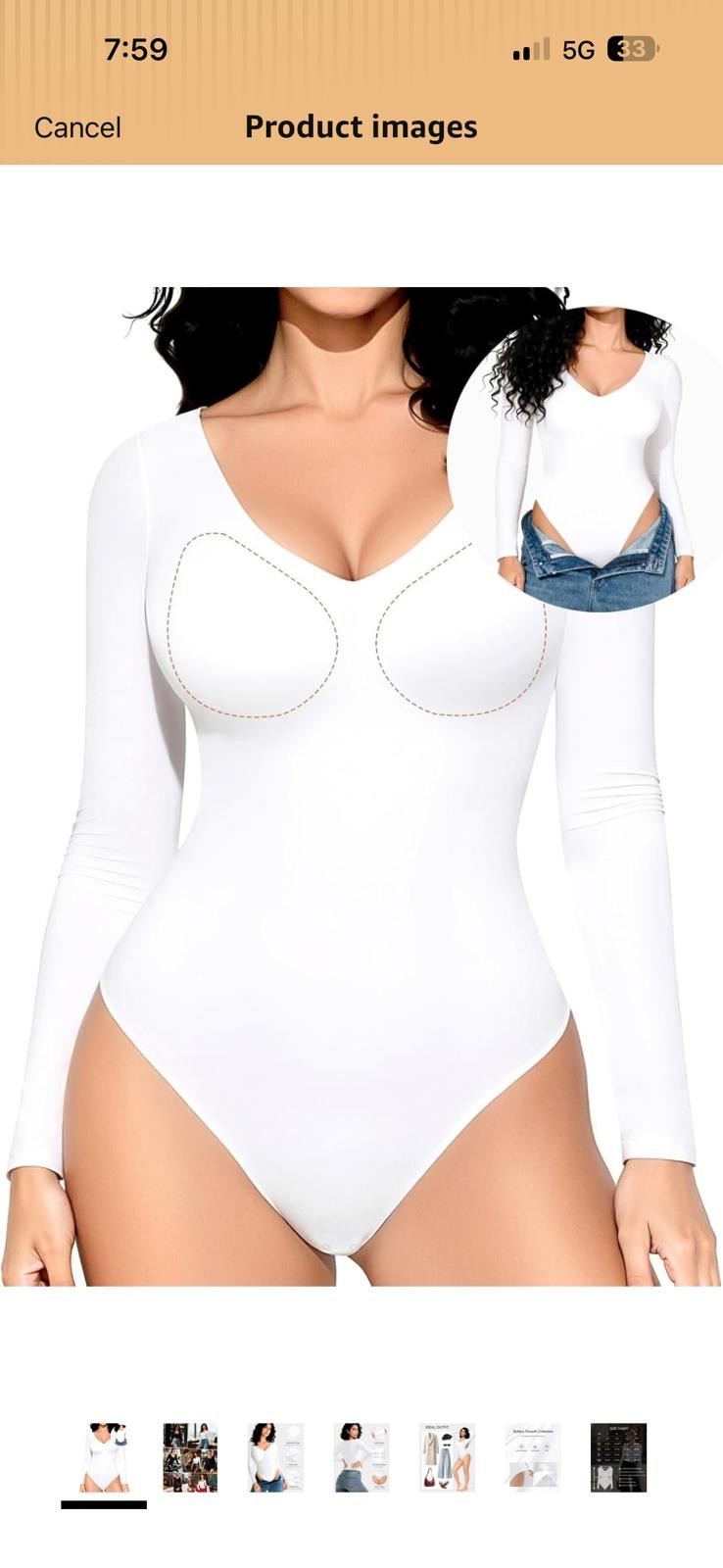 Women’s Long Sleeve Built-in Bra V-Neck Bodysuit – White