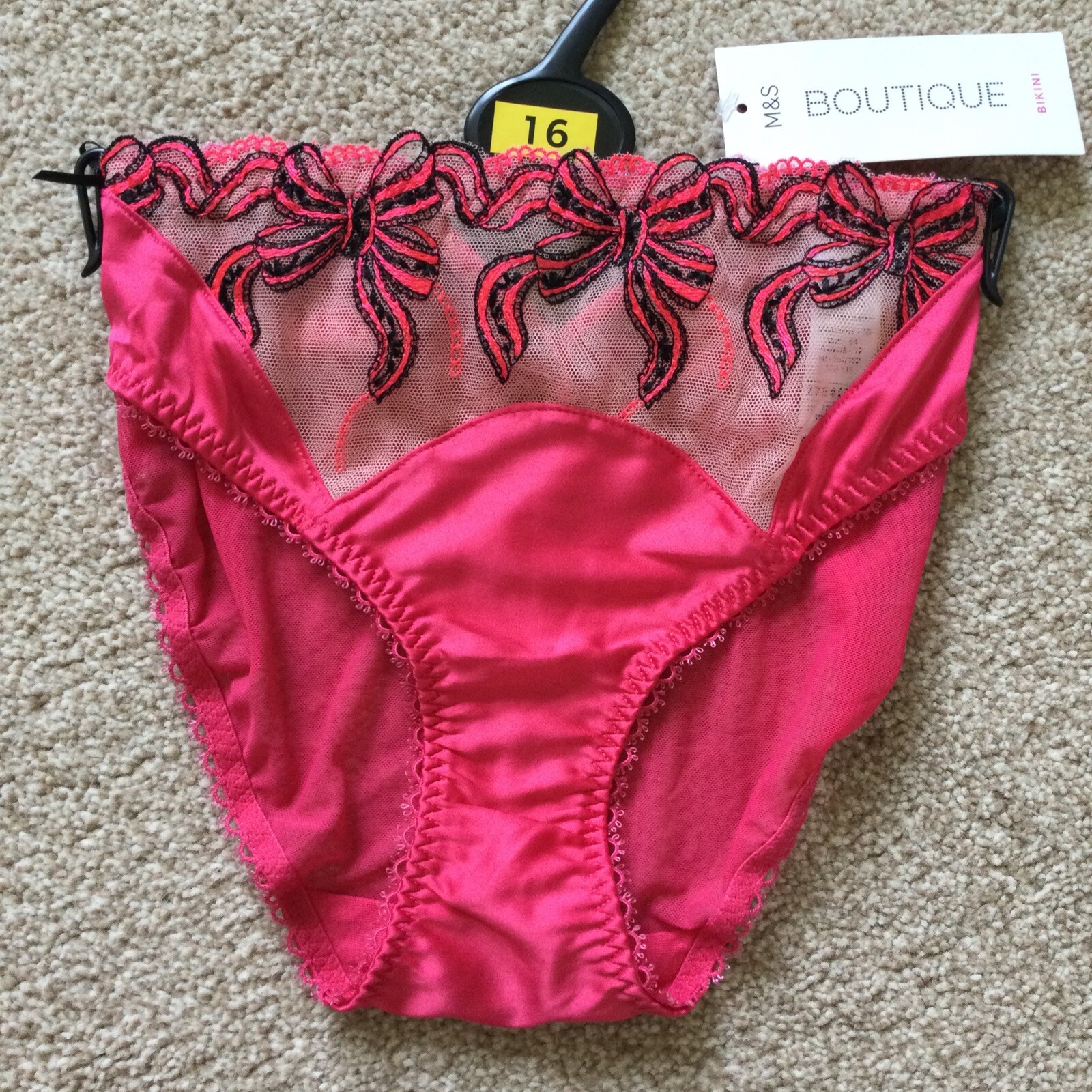 M&S Size 16 Boutique Mira Embroidered Mesh Satin Bikini Knickers Pink Mix