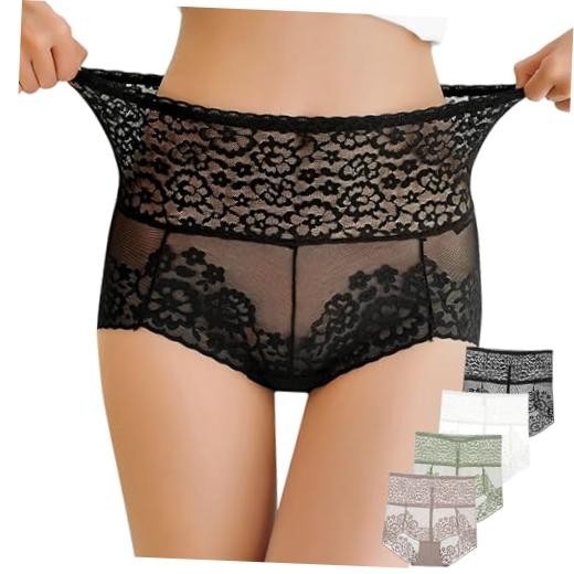 Women High Waisted Lace Underwear Tummy Medium 4 Pack-black,white,khaki,green