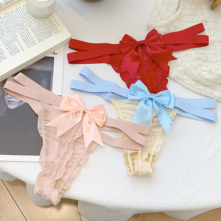 4 Pack Lot Sexy Womens Sheer Panties Thongs G string Cute Bow Underwear Lingerie