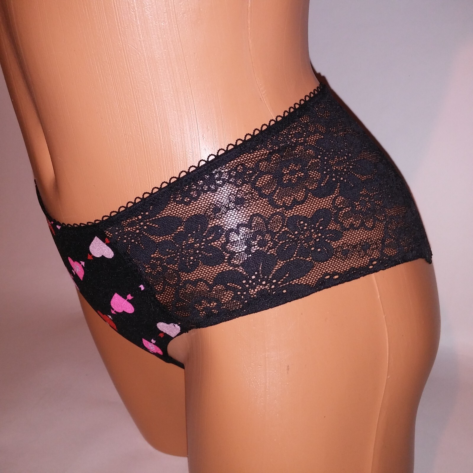 Victoria Secret PINK Panty Cheeky Black Pink Red Hearts Lace Back New