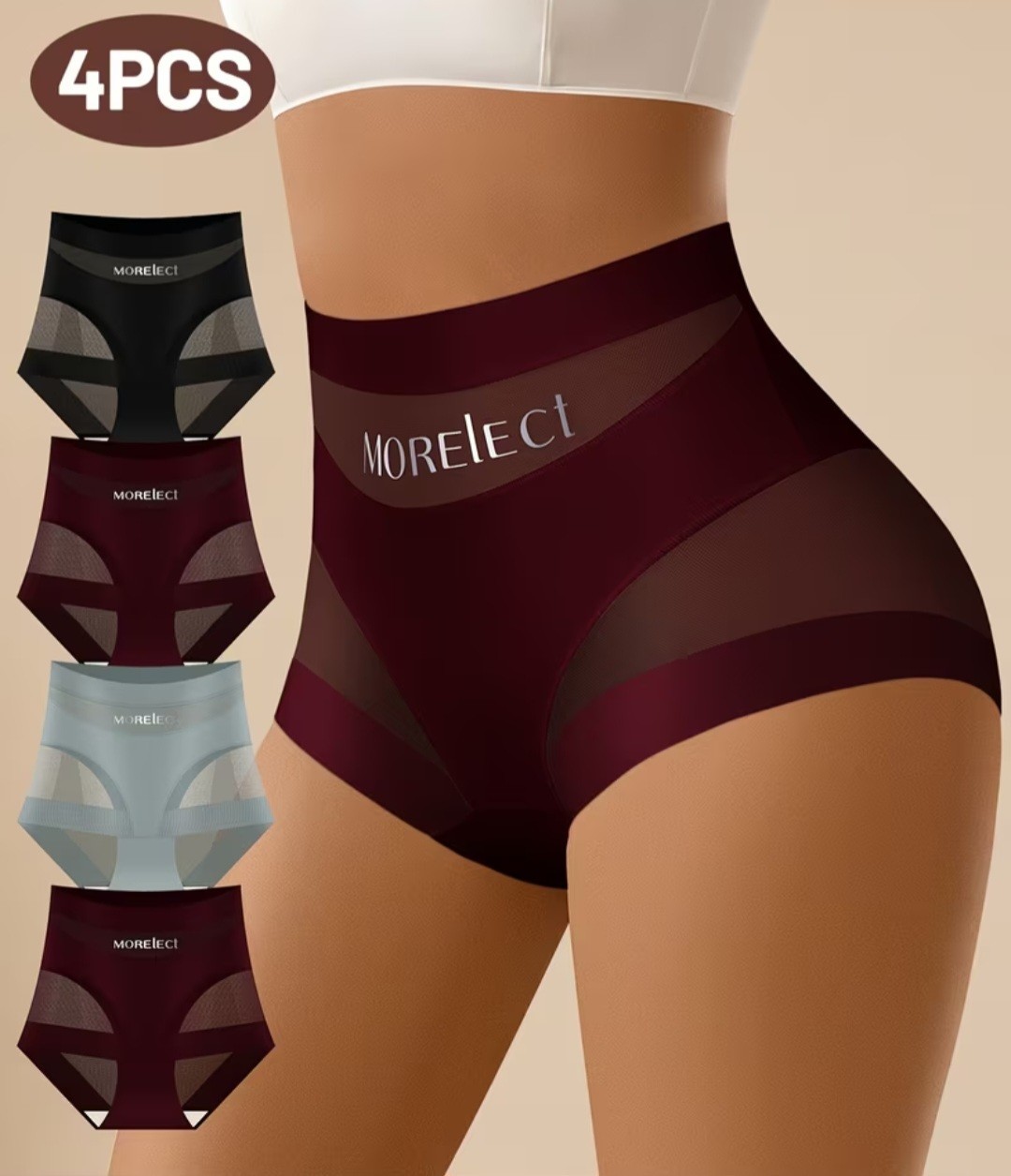 MORElect Women’s High-Waisted Mesh Panties Breathable Stretch 4-Pack S-XXL