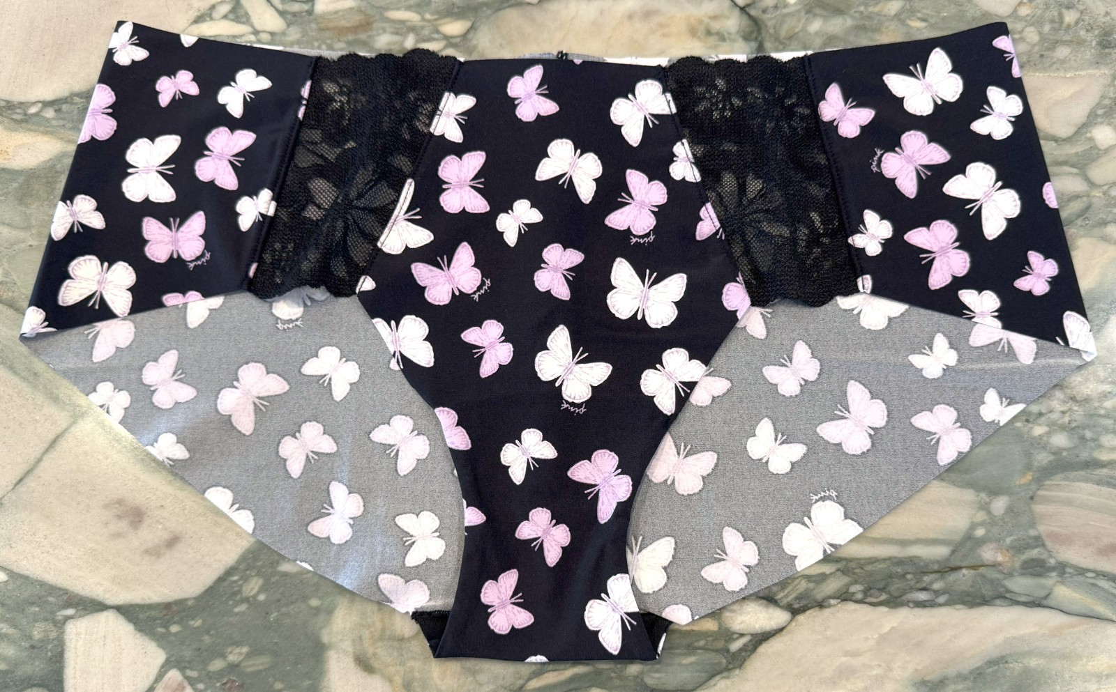 NEW Victoria Secret PINK No Show Hipster Panty LACE INSETS Black Butterflies XXL