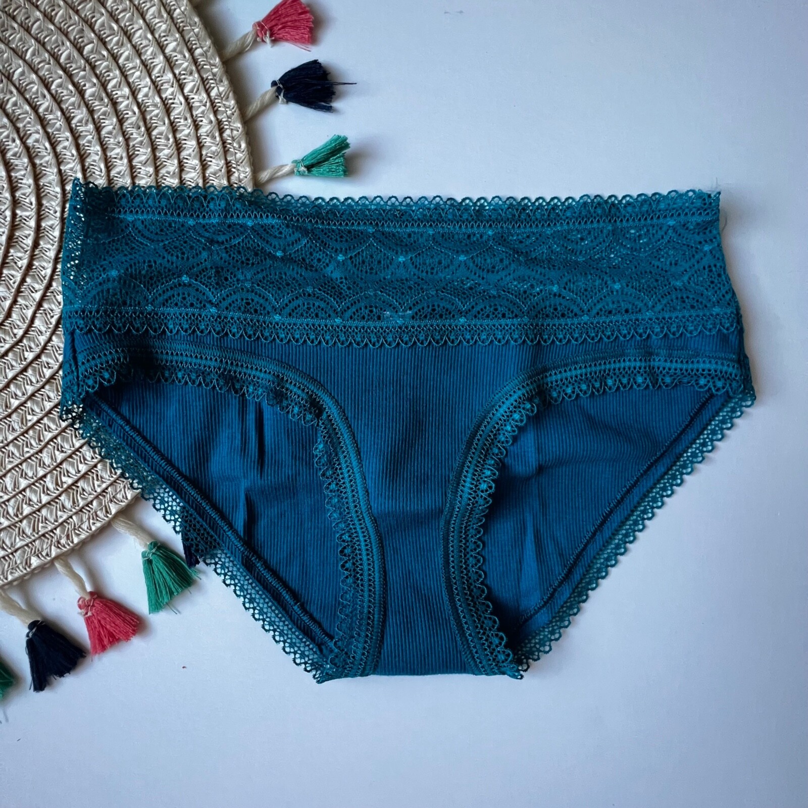 Victoria’s Secret Geometric Lace-Waist Cotton Hiphugger Panty Evening Tide M NEW