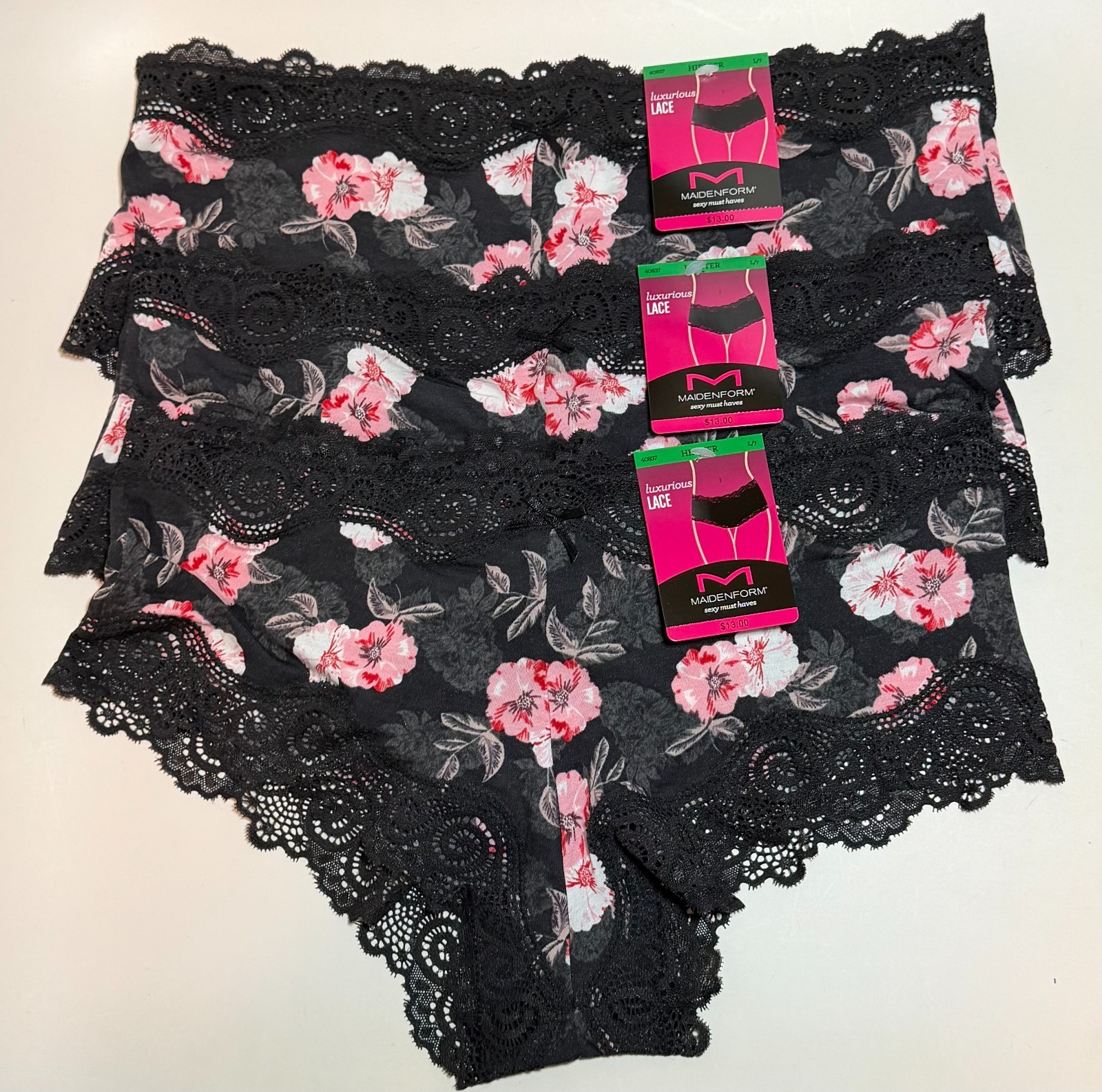NWT 3 Maidenform Luxurious Lace Hipster Panties 40837 Floral Size 7/L