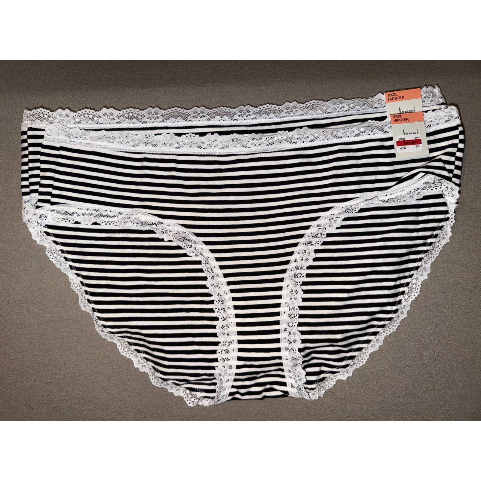 Jenni Intimates Hipster Brief Black White Stripe Lace, Lot of 2, Size XXXL, NWT