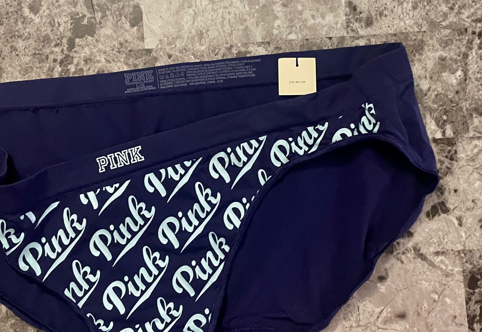 NWT VICTORIA’S SECRET PINK L NAVY BLUE AQUA LOGO SEAMLESS RARE BIKINI PANTIES