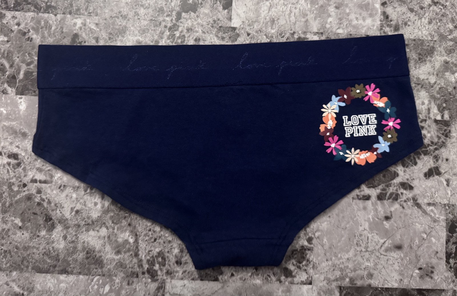 NWT VICTORIA’S SECRET PINK S NAVY BLUE FLORAL THICK LOGO BAND HIPSTER PANTIES