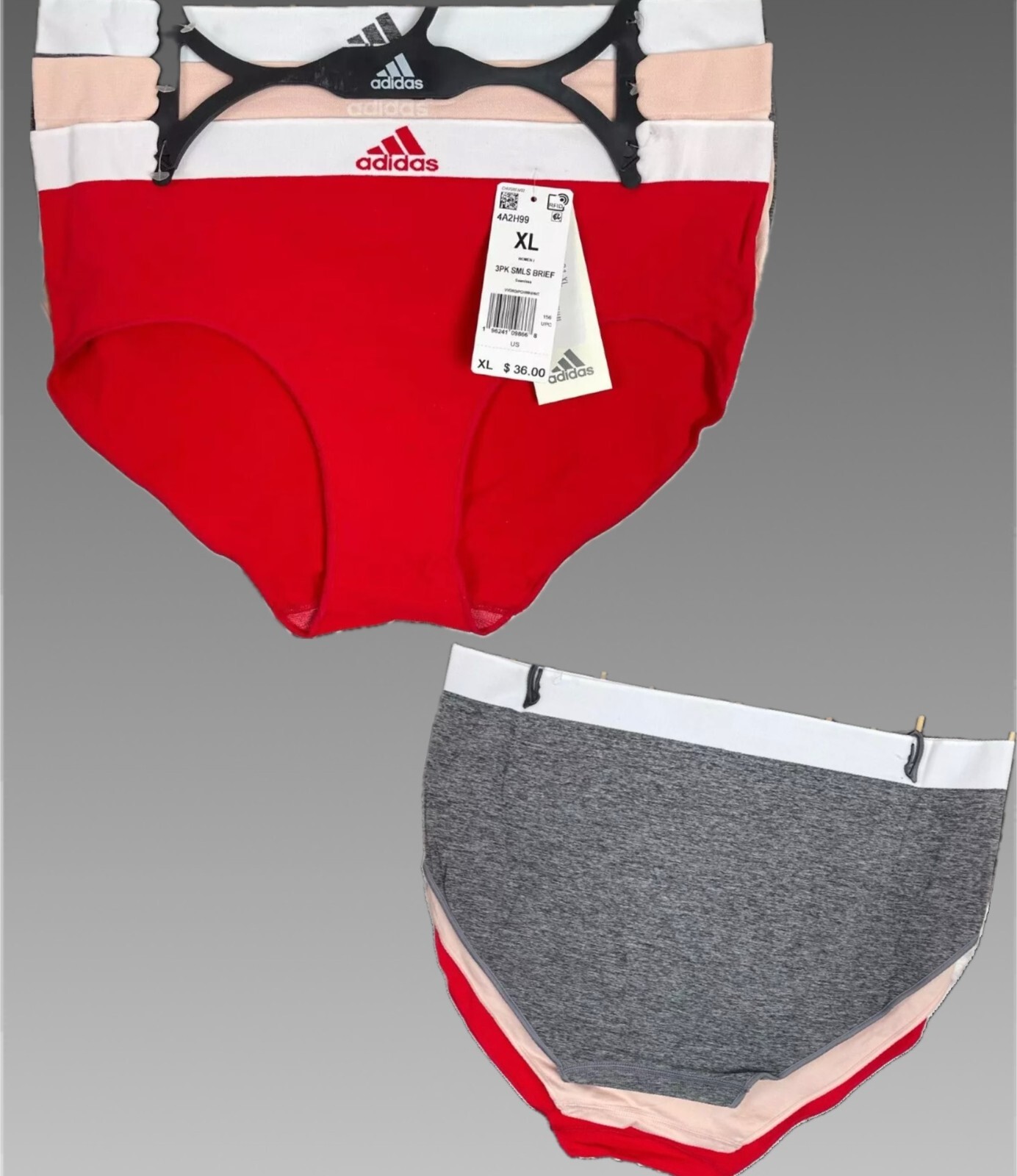 Adidas XL Red- Blush- Gray Logo Highwaist Laser Cut Seamless Brief Panties-3 Pk