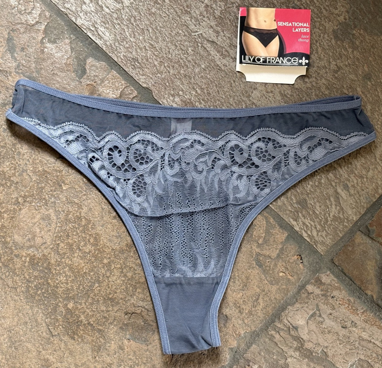 Lily of France L Dove Gray Sensational Layers Lace Thong Panties #2118020 NWT