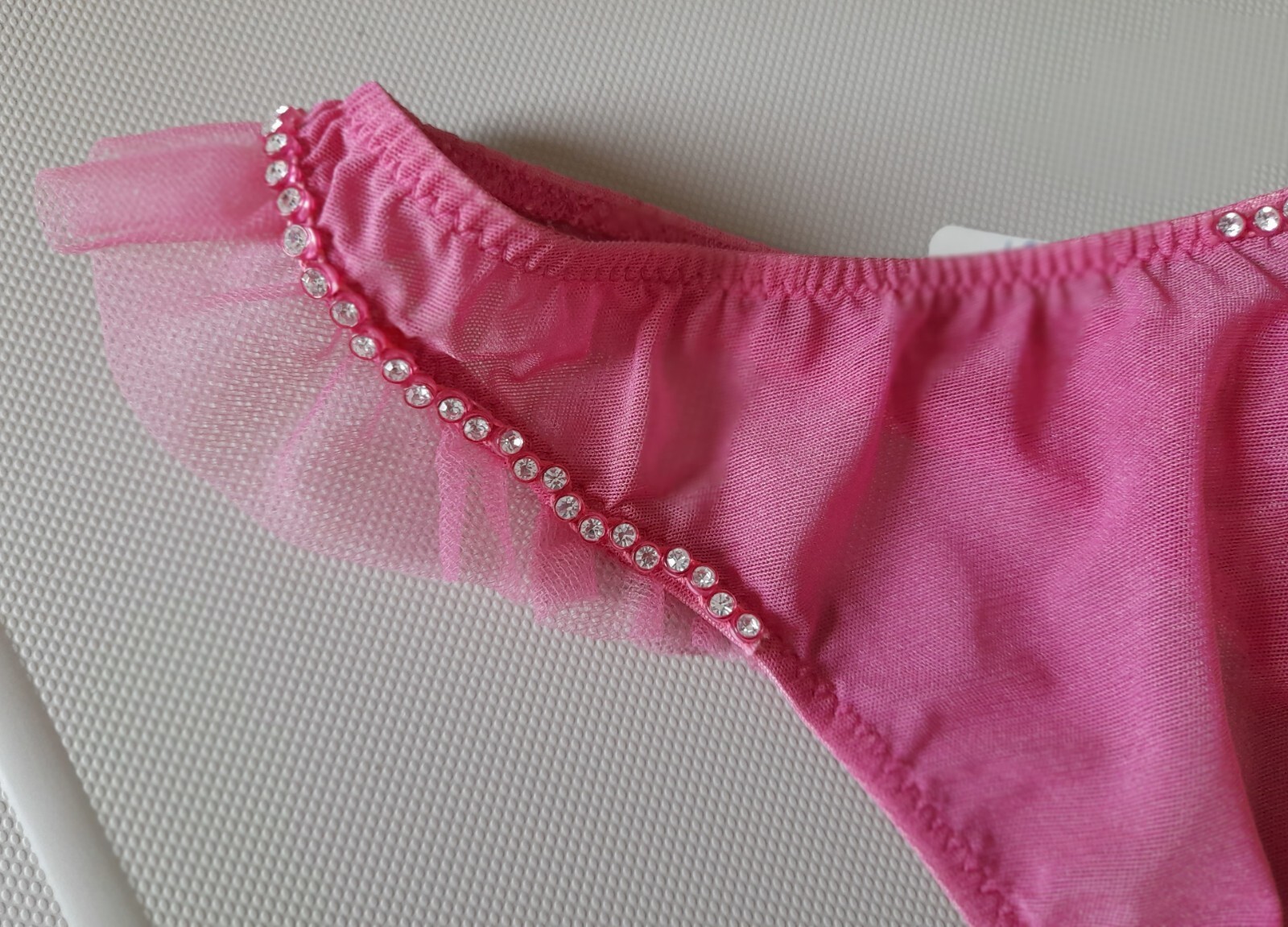 Janet Reger London Sheer Pink Mesh Hipster Thong With Diamantes and Ruffles