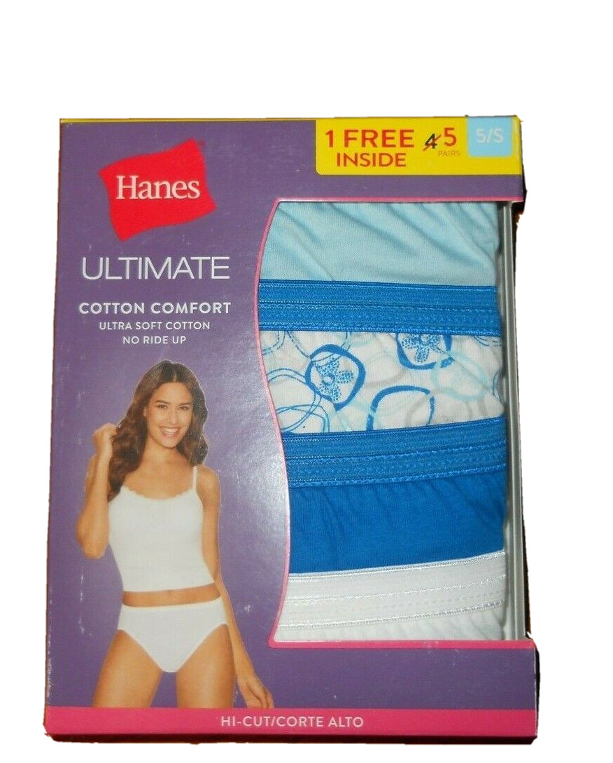 Hanes Ultimate Cotton Comfort Soft Hi-Cut Blue Panties 5 Pairs Size 5/S (B323)