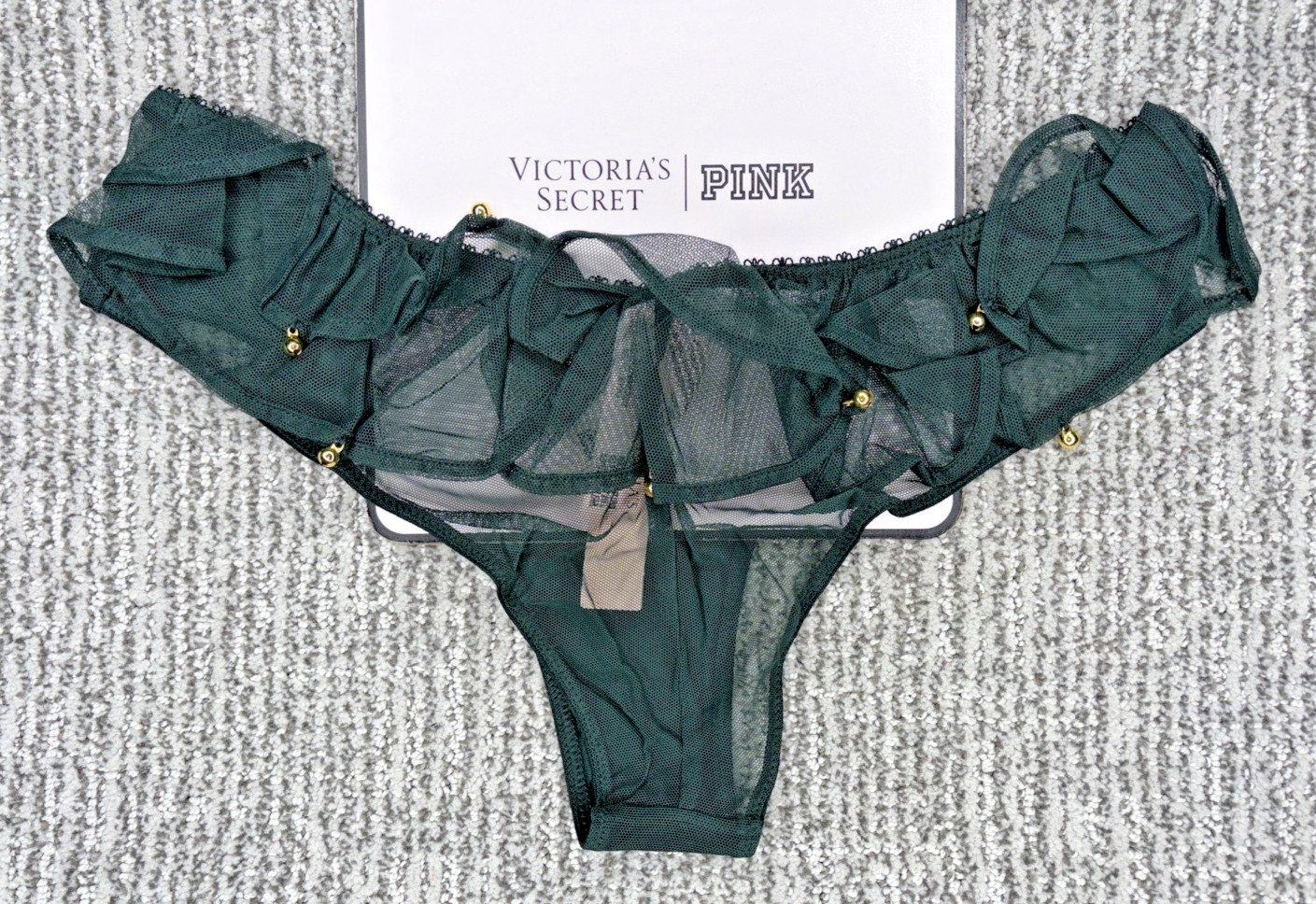 Victorias Secret Very Sexy NWT Medium Green Jingle Bell Mesh Ruffle Cheeky Panty