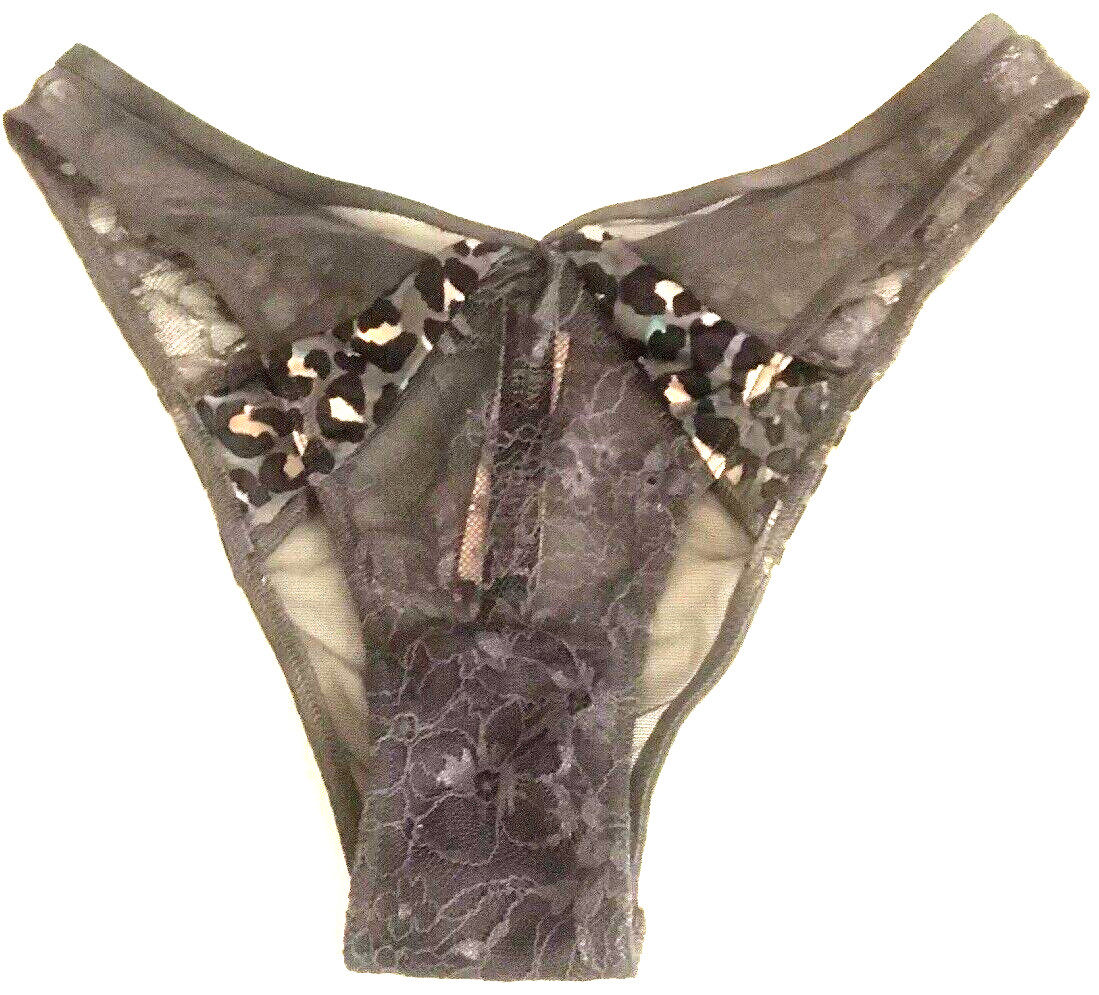 Victorias Secret Grey Leopard Animal Print Brazilian Panties Size XS Split Mesh