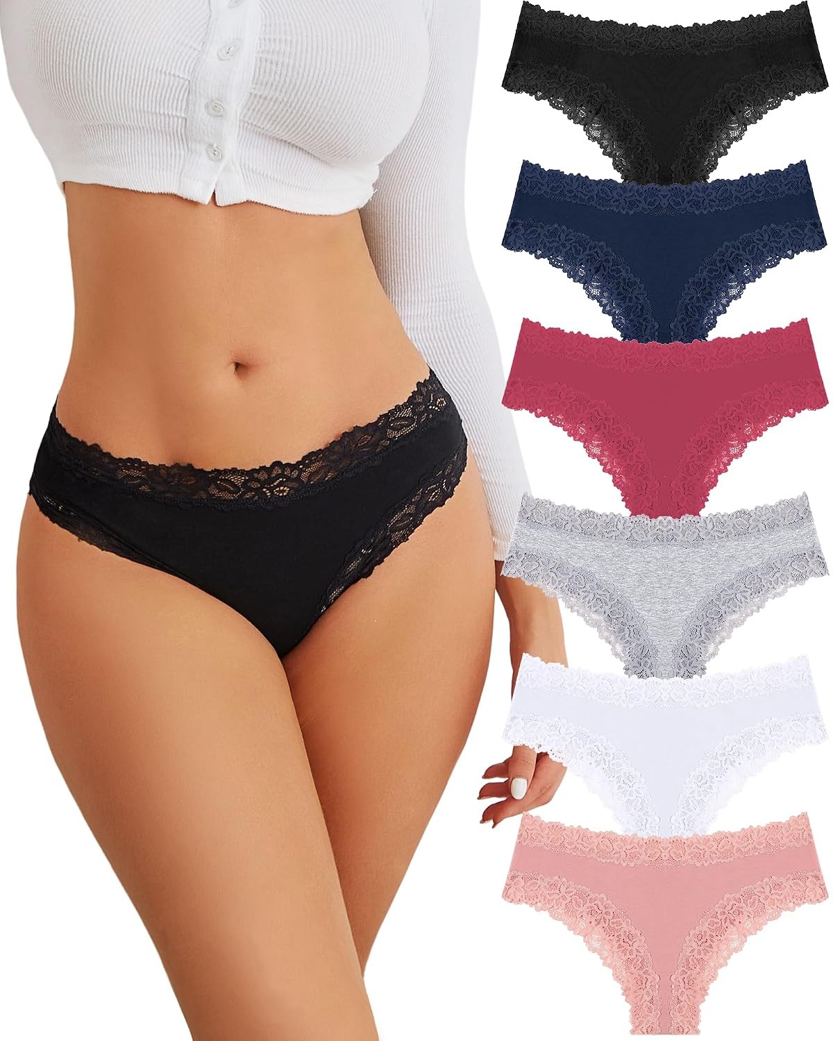 Women Cotton Underwear Large Black+Dark Blue+Red+Gray+White+Pink Lace Hipster