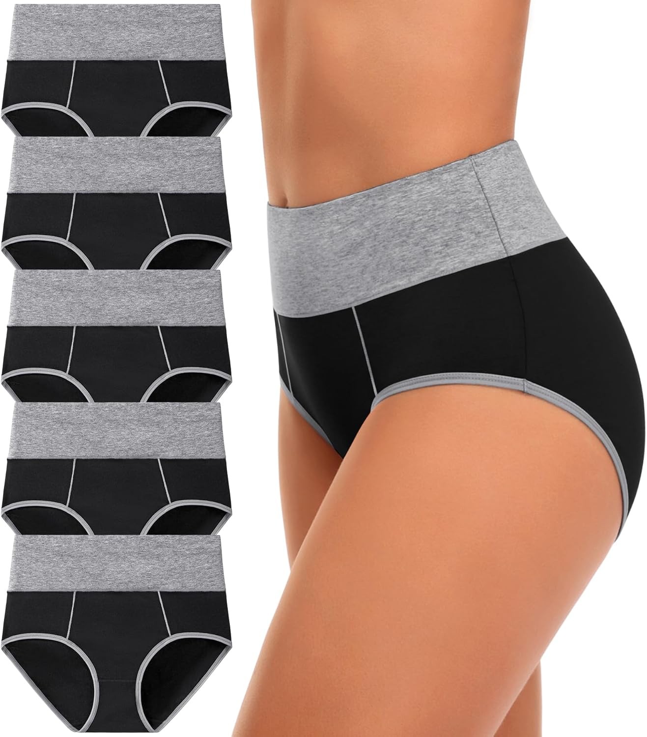 5Pcs Womens High Waisted Cotton No Muffin Top Full Coverage Soft Stretch Panties