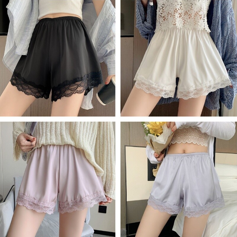 3PCS Women Lady Faux Silk Shorts Knickers Lolita Lace Trim Underwear Panties