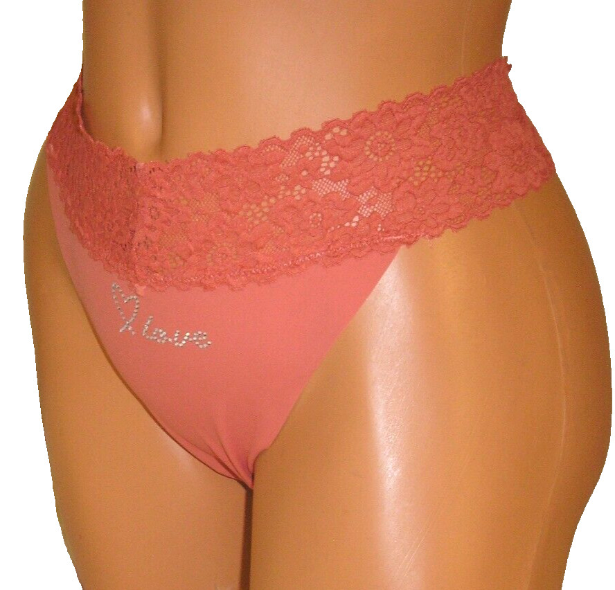 Panties Lingerie Heart Love Rhinestone Detail Lace Trim Coral Thong XL Gift