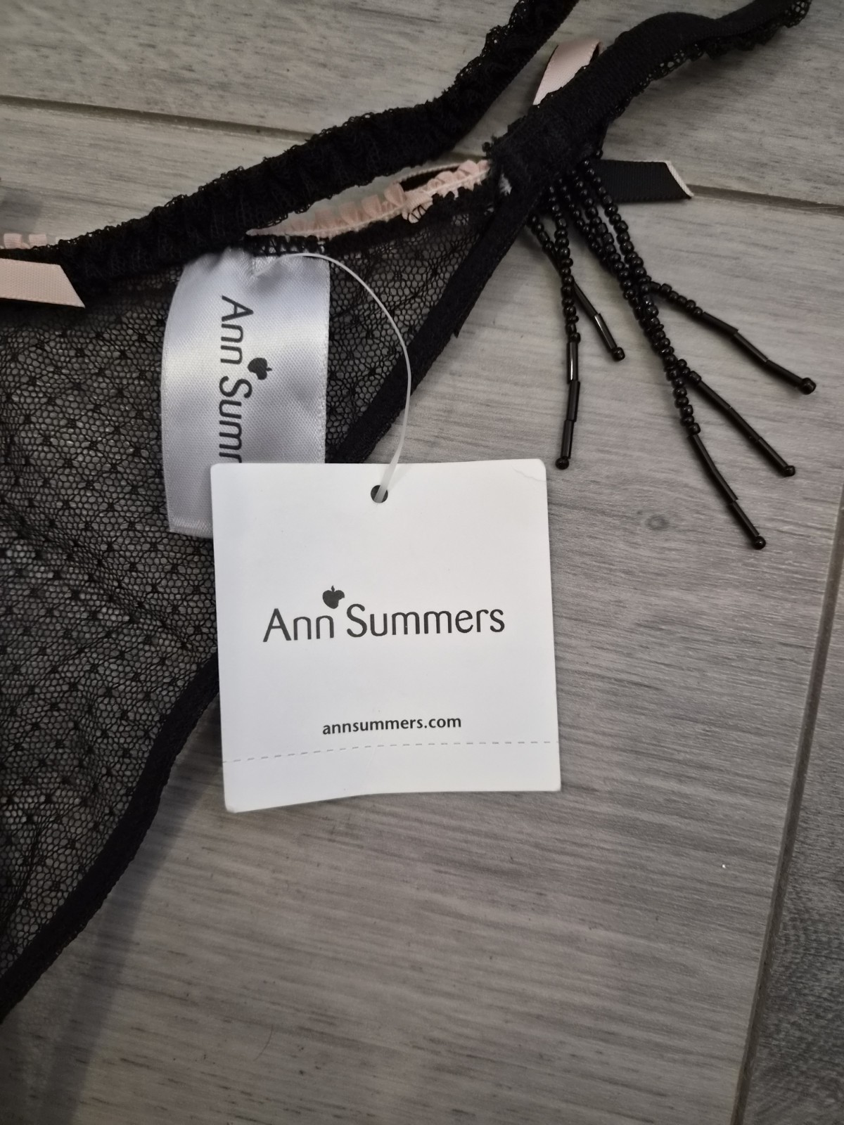 BNWT Vintage Ann Summers Sheer Black & Pink Showgirl Beaded Thong Size 18-20