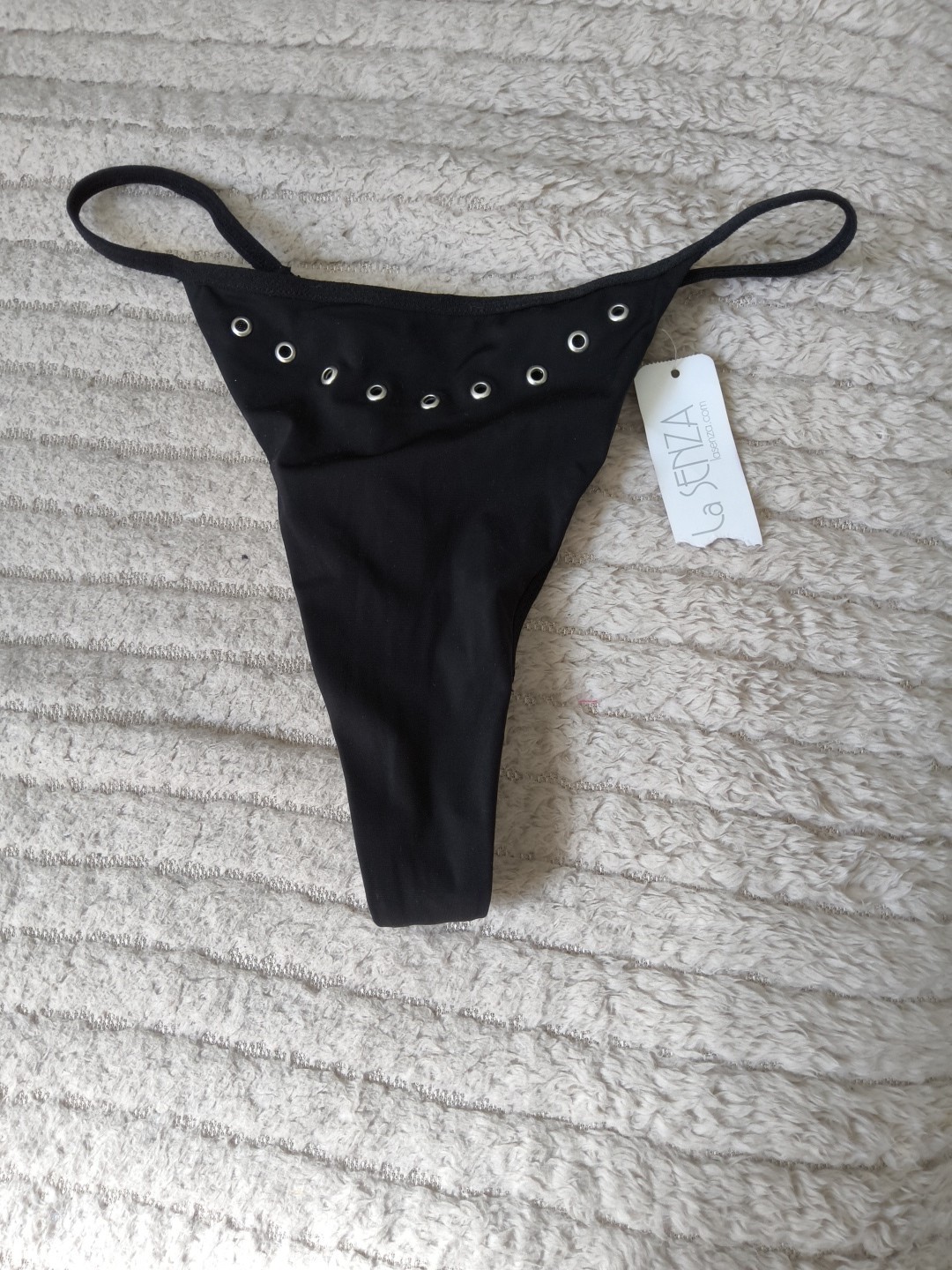 BNWT Vintage La Senza Black Grommets & Lace Up Back Thong Size 10