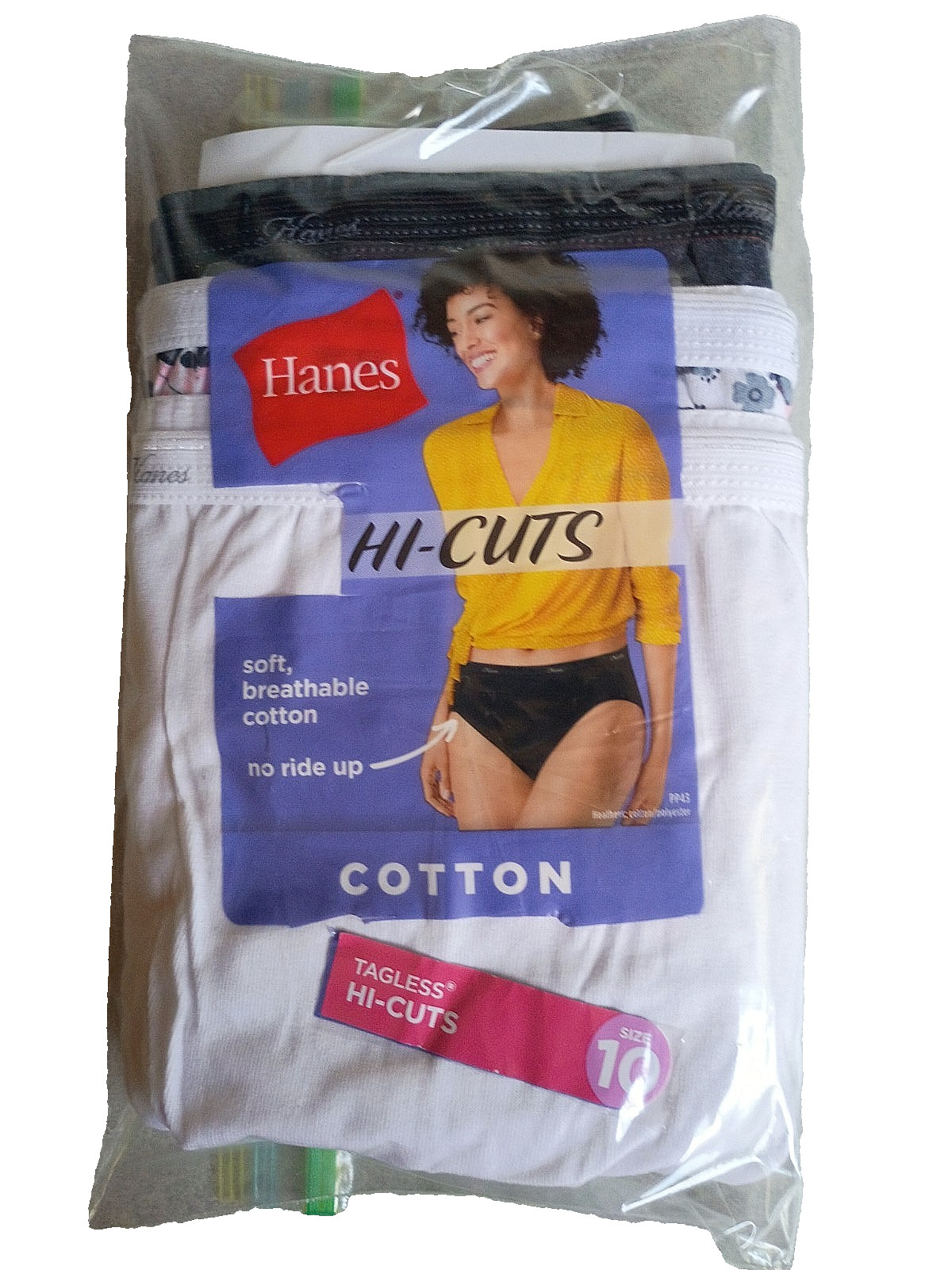 Hanes 100% cotton 3 pair pkg multicolor Hi-Cut briefs Size 10
