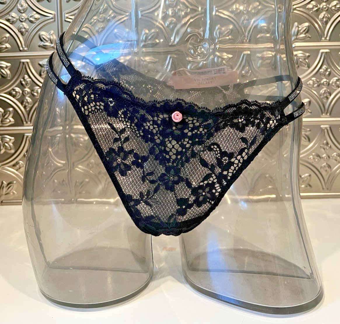 Victoria’s Secret Double Shine Strap Lace BRAZILIAN Panty Sz M BLACK NWT$24