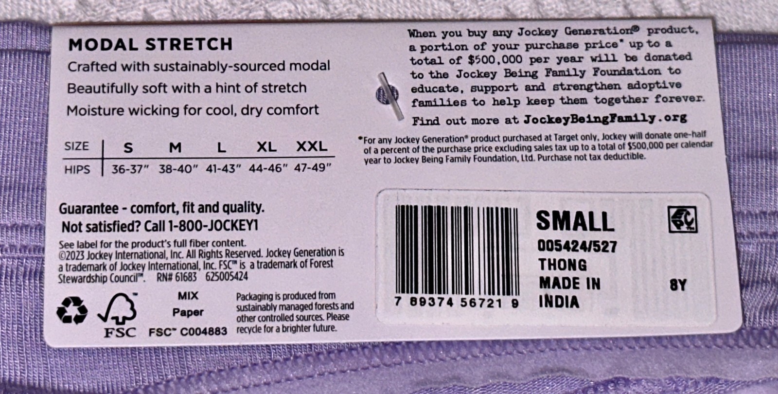 JOCKEY Generation Soft Touch Breath Lavender Thong Panty Womens S M L XL 2XL