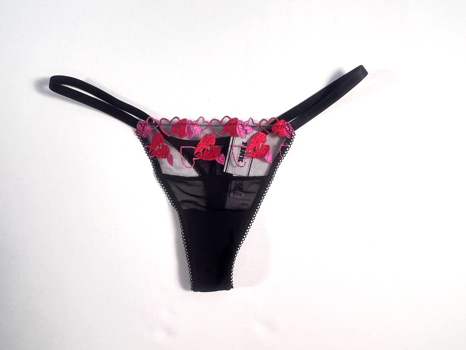 VICTORIA’S SECRET PINK Wink Thong Panty Black Red Hearts Embroidery XSMALL