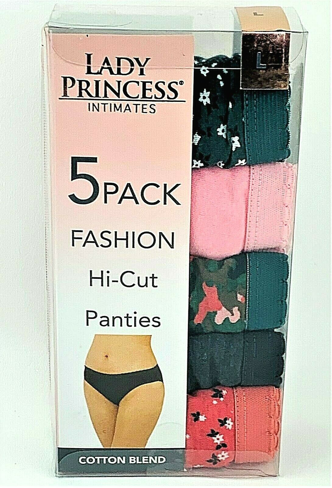 Womens Hi Cut Panties Multicolor Fashion Camo Flowers Solids 5 Pack sz L Large