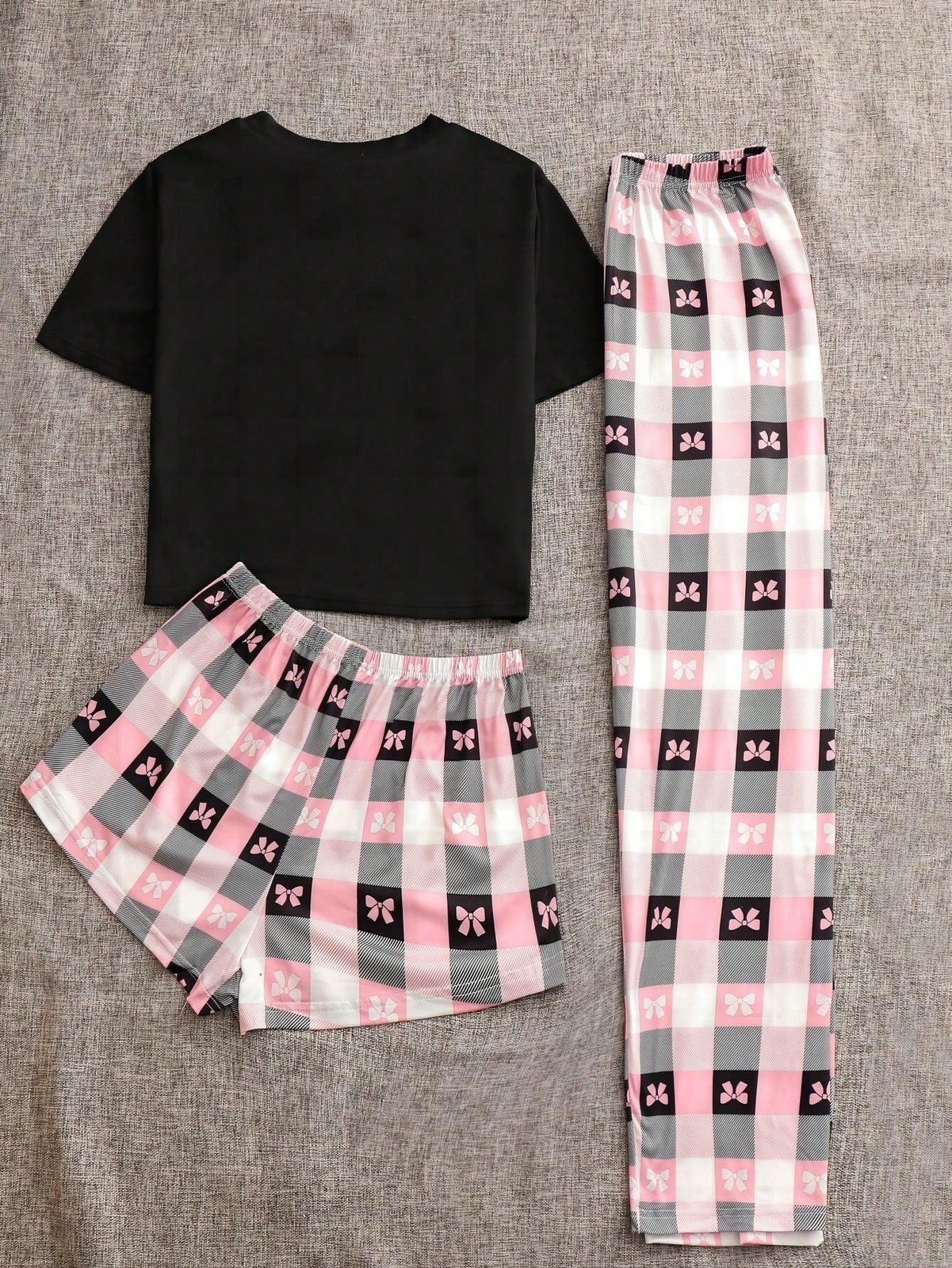 Ladies Chic Bow & Check T Shirt Shorts Pyjama Set Cheap24